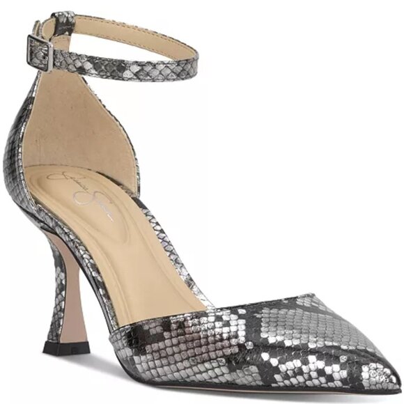 Jessica Simpson Silver Metallic Snake Print Heels Pump Ankle Strap NEW Sizes - Picture 1 of 15